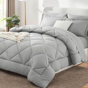 7 Pieces, Queen Luxury Soft Bed Set for All Seasons, Bedding Set-Light Grey